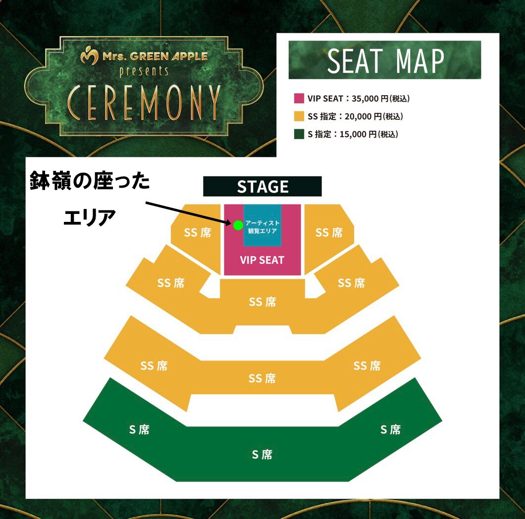 Mrs. GREEN APPLE presents CEREMONYの座席表と鉢嶺が座った席